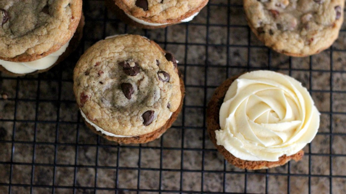 Bacon Chocolate Chip Sandwich Cookies with Maple Buttercream Frosting
